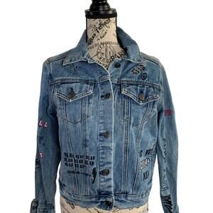 Forever 21 Denim Jean Jacket Women's Size Small Crop Graffiti Patch Embroidered